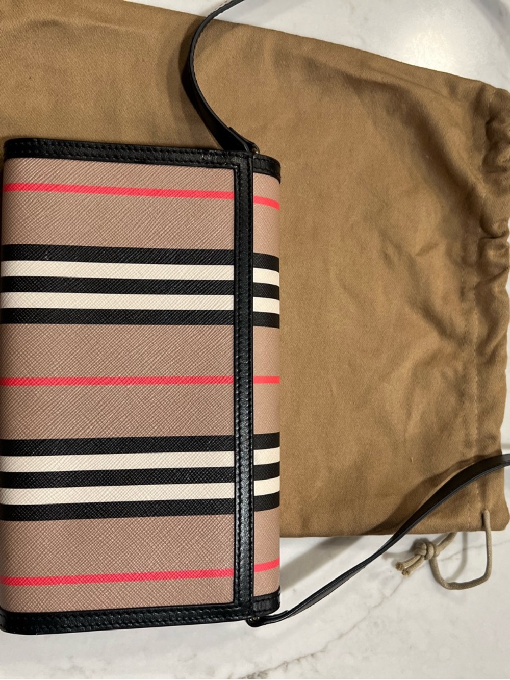 Burberry Hannah Wallet Beige Striped Crossbody Bag with Black Trim & Red Accents - Picture 7 of 11